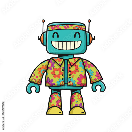 A cheerful flat 2D cartoon robot toy, adorned in a vibrant retro hippie outfit, grins happily against a clean white background, radiating a friendly and playful mood.