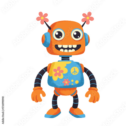 A cheerful, brightly colored 2D flat cartoon robot in a whimsical hippie style, with a friendly smile, stands vibrantly against a clean white background.