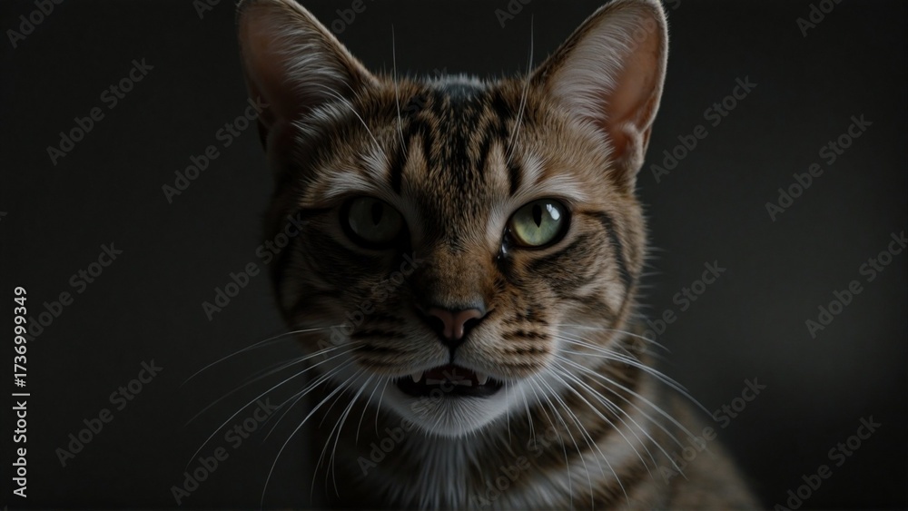 Obraz premium Intense close-up of a tabby cat with striking green eyes, perfect for pet lovers or designs needing a touch of feline mystique and raw animal emotion