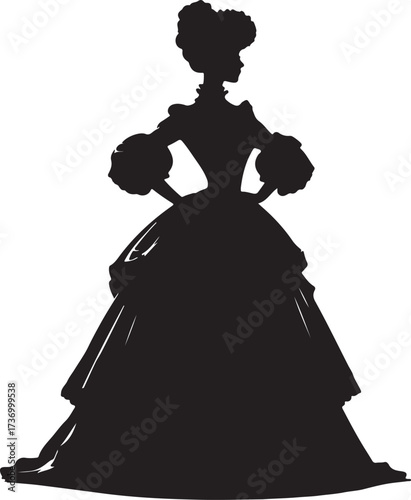 This is a black silhouette of a woman with her hands on her hips wearing an elegant Victorian era ball gown and an elaborate up-do hairstyle.
