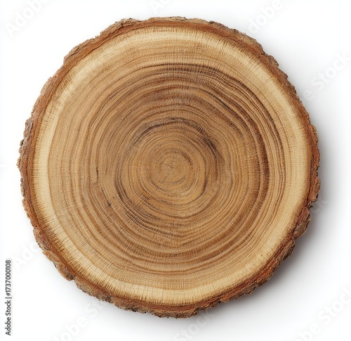 Circular wooden cross-section with growth rings, bark edge, and a white background
