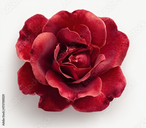 Overhead view of a fully bloomed, deep red rose against a stark white background