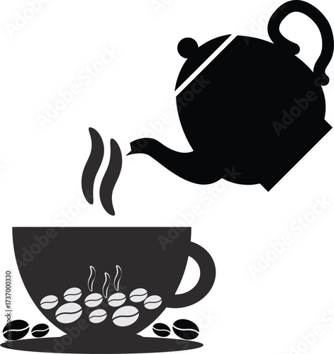 A black and white silhouette illustration showing a teapot or coffee pot pouring hot liquid into a steaming cup, which has coffee beans visible inside and on the saucer