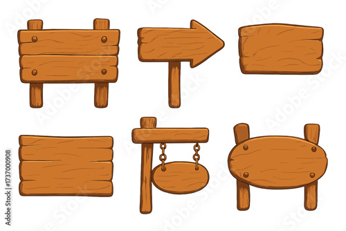 Cartoon wooden signboards collection, rustic wooden signs set, vector illustration with transparent background, vintage wood planks for signage, handcrafted wood panels design
