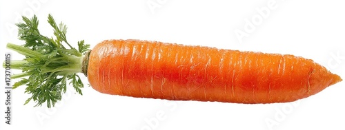A vibrant orange carrot with green leafy top isolated against a white background