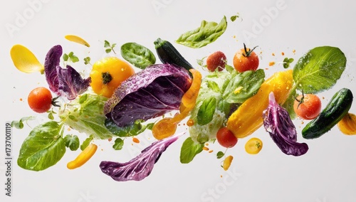 Fresh, vibrant vegetables in mid-air, a burst of color and texture against a bright white background.  