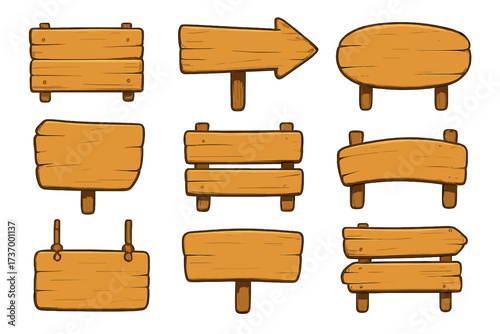 Cartoon wooden signboards collection, rustic wooden signs set, vector illustration with transparent background, hand-drawn wood texture, directional and decorative planks, vintage style