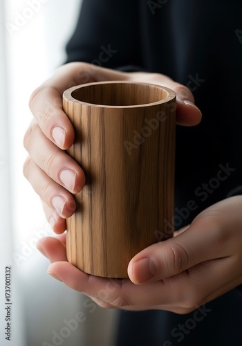 Person holding a handcrafted wooden cup showcasing texture and design