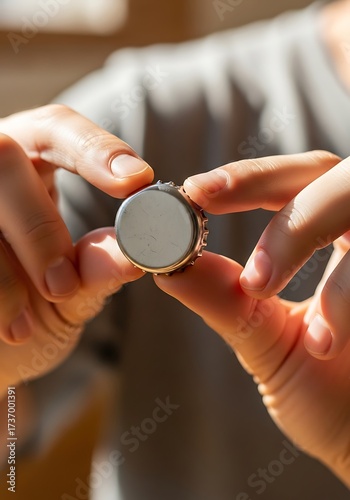 Precision handling: A closeup of hands manipulating a bottle cap with focused concentration