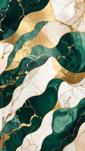 Elegant flowing marble background with wavy shapes, green marble, white marble, and gold accents creating a luxurious and modern aesthetic