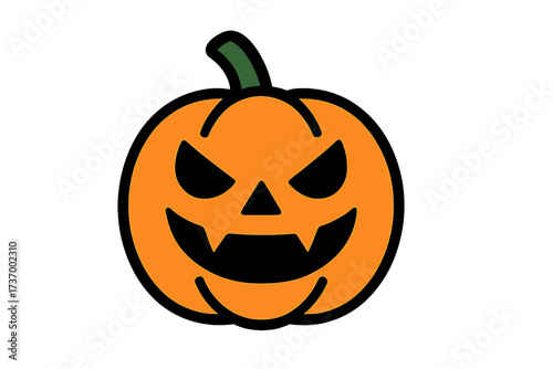 Halloween pumpkin jack o'lantern with a scary evil face. Spooky monster for Halloween decoration. Simple vector icon illustration. Cartoon character with vampire fangs.