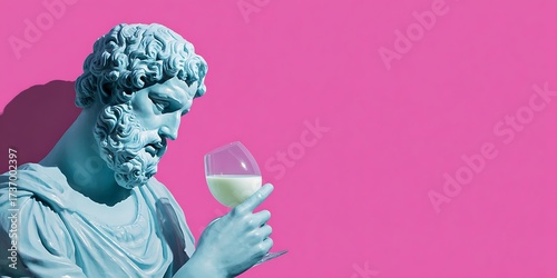 Classical statue holding glass of milk on vibrant pink background