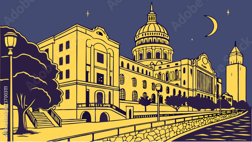 san antonio skyline Nighttime Illustration of a Historic Government Building with Crescent Moon