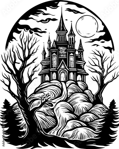 SVG skull tattoo design in a Halloween dark warrior style. Dark Gothic Castle Surrounded by Trees and Moonlit Clouds