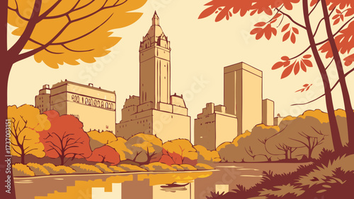 san antonio skyline Autumnal Central Park Skyline Illustration NYC Fall Season