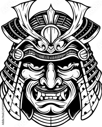 SVG skull tattoo design in a Halloween dark warrior style. Traditional Samurai Warrior Helmet with Fierce Expression Artwork