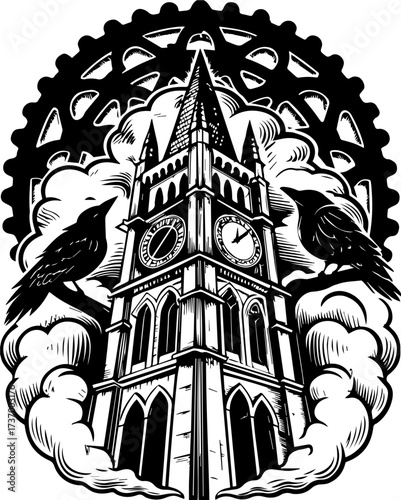 SVG skull tattoo design in a Halloween dark warrior style. Vintage Style Clock Tower Illustration with Ravens and Gears Design