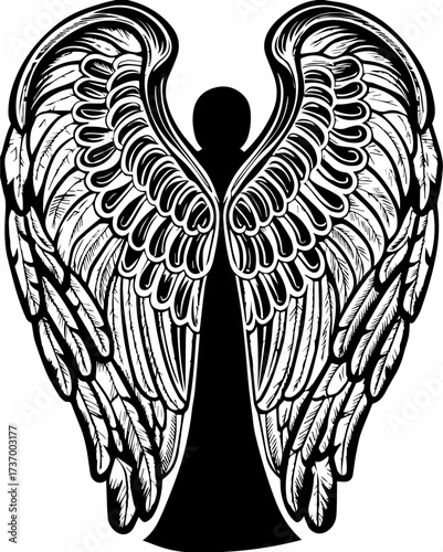 SVG skull tattoo design in a Halloween dark warrior style. Black and White Detailed Illustration of Angel Wings and Figure