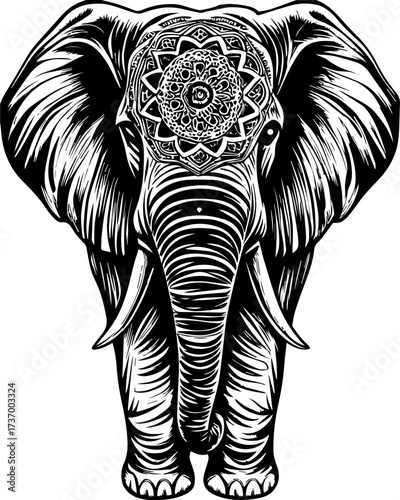 SVG skull tattoo design in a Halloween dark warrior style. Intricate Black and White Elephant Illustration with Mandala Design