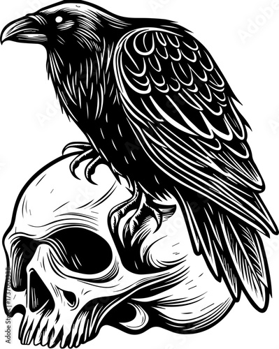 SVG skull tattoo design in a Halloween dark warrior style. Raven on Skull in Vintage Style Black and White Illustration