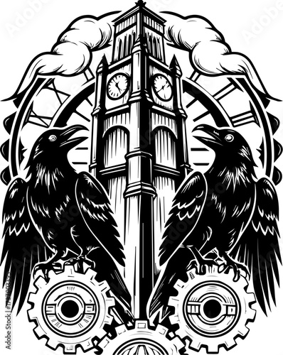 SVG skull tattoo design in a Halloween dark warrior style. Intricate Art of Ravens and Big Ben with Gears and Clockwork Design