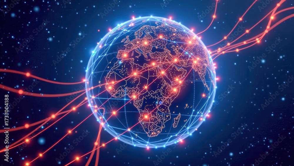 Obraz premium Cybersecurity in age of 5G illustrated by glowing digital globe with network connections and data flow across continents