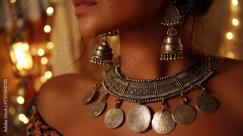 Close-up of traditional silver jewelry and necklace worn by Indian woman during Rann Utsav Festival in Gujarat India, cultural heritage celebration showcasing ethnic attire and craftsmanship