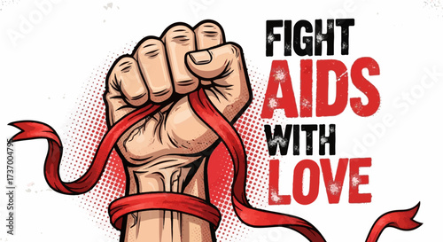 Strong fist holding red ribbon, promoting "Fight AIDS With Love" on World AIDS Day, symbolizing awareness and support for HIV prevention and care.