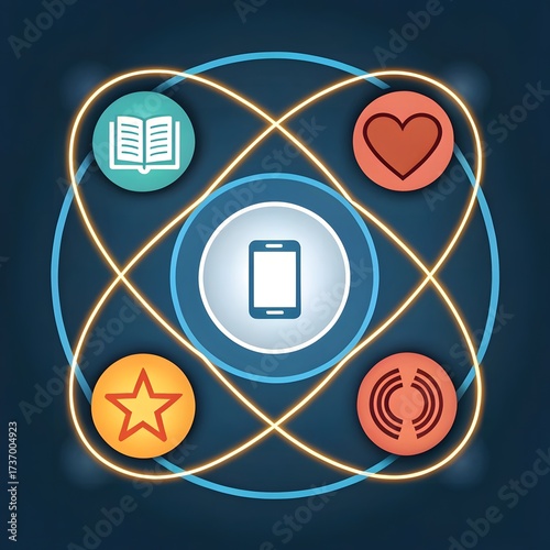 Connected digital icons representing learning love achievement and technology