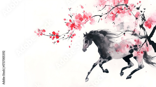 Black galloping horse and pink sakura flowers. Traditional Chinese ink painting on white background. Year of the horse, symbol of the 2026 year.