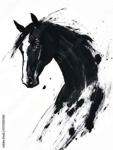 Black horse head. Traditional Chinese ink painting on white background. Year of the horse, symbol of the 2026 year.