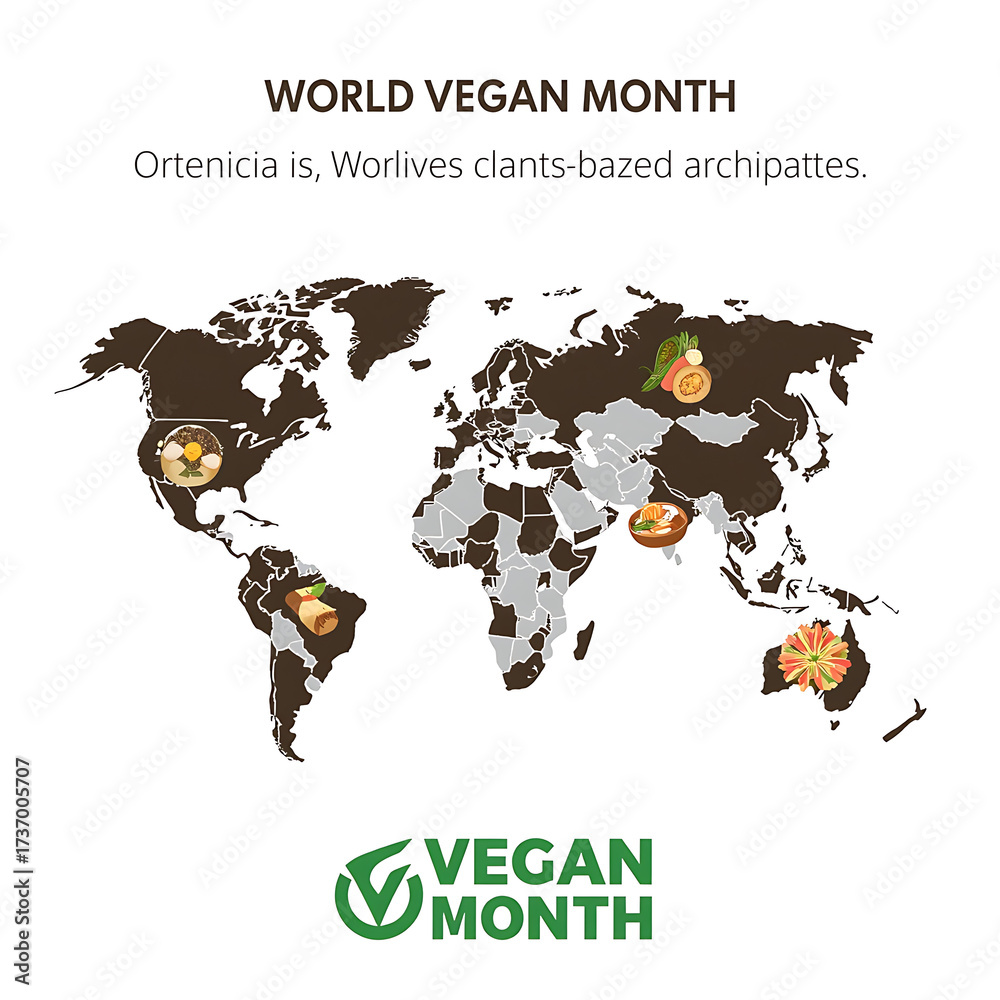 Naklejka premium A world map illustrates vegan food dishes around the globe to promote plant-based eating during World Vegan Month.