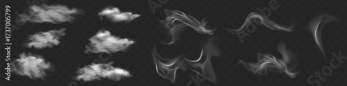 Set chimney smoke, fog wave or cloud pattern with overlay effect. Cloud art or smoky air illustration.