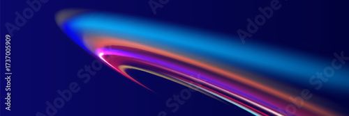 Neon line as speed or arc, turn, twist, bend in light effect. Light arc in neon colors, in the form of a turn and a zigzag. Abstract background in blue