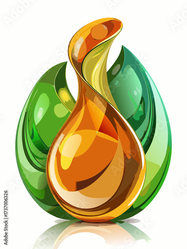 Morphing molten glass shapes in translucent amber and green with glossy reflections. A luxurious abstract concept for fragrance branding, tech, and high-end product design.