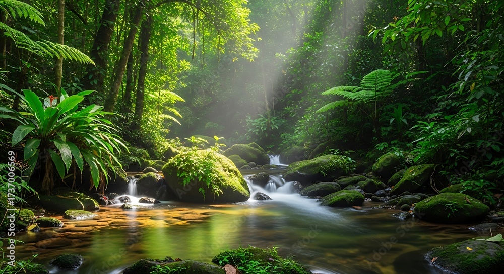 Obraz premium Lush tropical rainforest with a clear stream and sunbeams illuminating the canopy