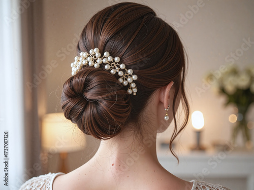 Back shot of low bun hairstyle adorned with pearl accessories, soft glowing background,The pearl low bun radiates elegance, highlighting the bride’s purity and grace.