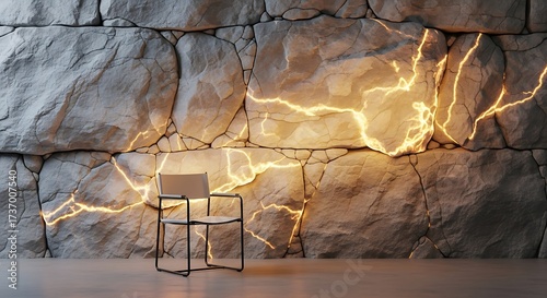 Illuminated Stone Wall with Minimalist Chair: A study in contrasts and textures showcasing interior design and