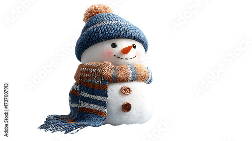 Adorable snowman with a blue hat and striped scarf isolated on transparent background.