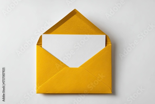 Bright yellow envelope slightly opened with a blank white card inside, centered on a white backdrop