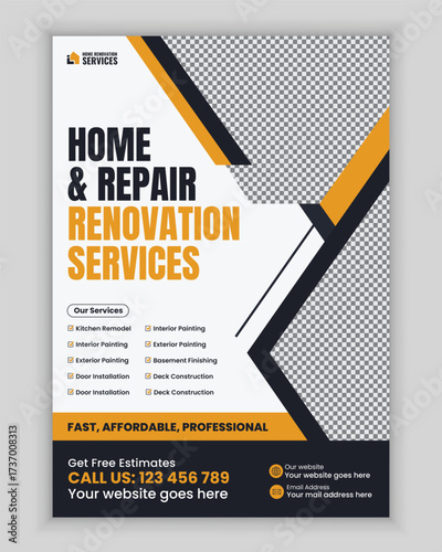 Home renovation and repair services flyer and poster design template for remodeling, carpentry, plumbing, electrician, flooring, painting, roofing, and maintenance advertisement layout