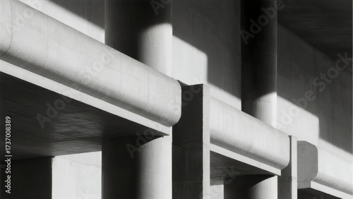 Abstract architectural details of concrete columns and beams in black and white