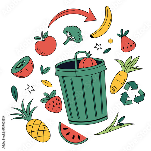 Composting food waste with fruits and vegetables in a green bin and recycling symbol