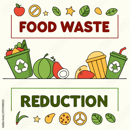 Conceptual illustration showing food waste in bins contrasted with symbols for reduction and sustainability