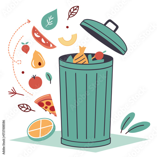 Food waste concept illustration with various food items being thrown into a trash can