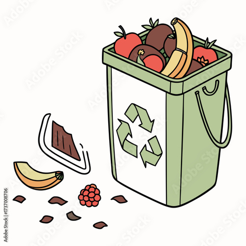 Illustration of a green compost bin filled with fruits and vegetables with a recycling symbol