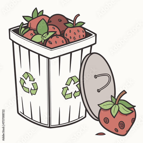Illustration of a recycling bin overflowing with strawberries and other produce next to a discarded strawberry