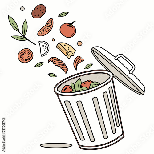 Illustration of food scraps and ingredients falling into an open trash can with a lid tilted back