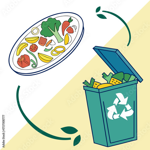 Illustration of food waste being sorted and placed into a recycling bin for composting and sustainability