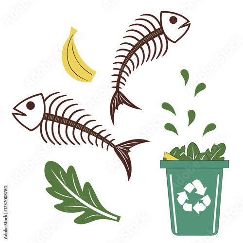 Illustration of food waste including fish bones banana peel and greens being composted in a recycling bin
